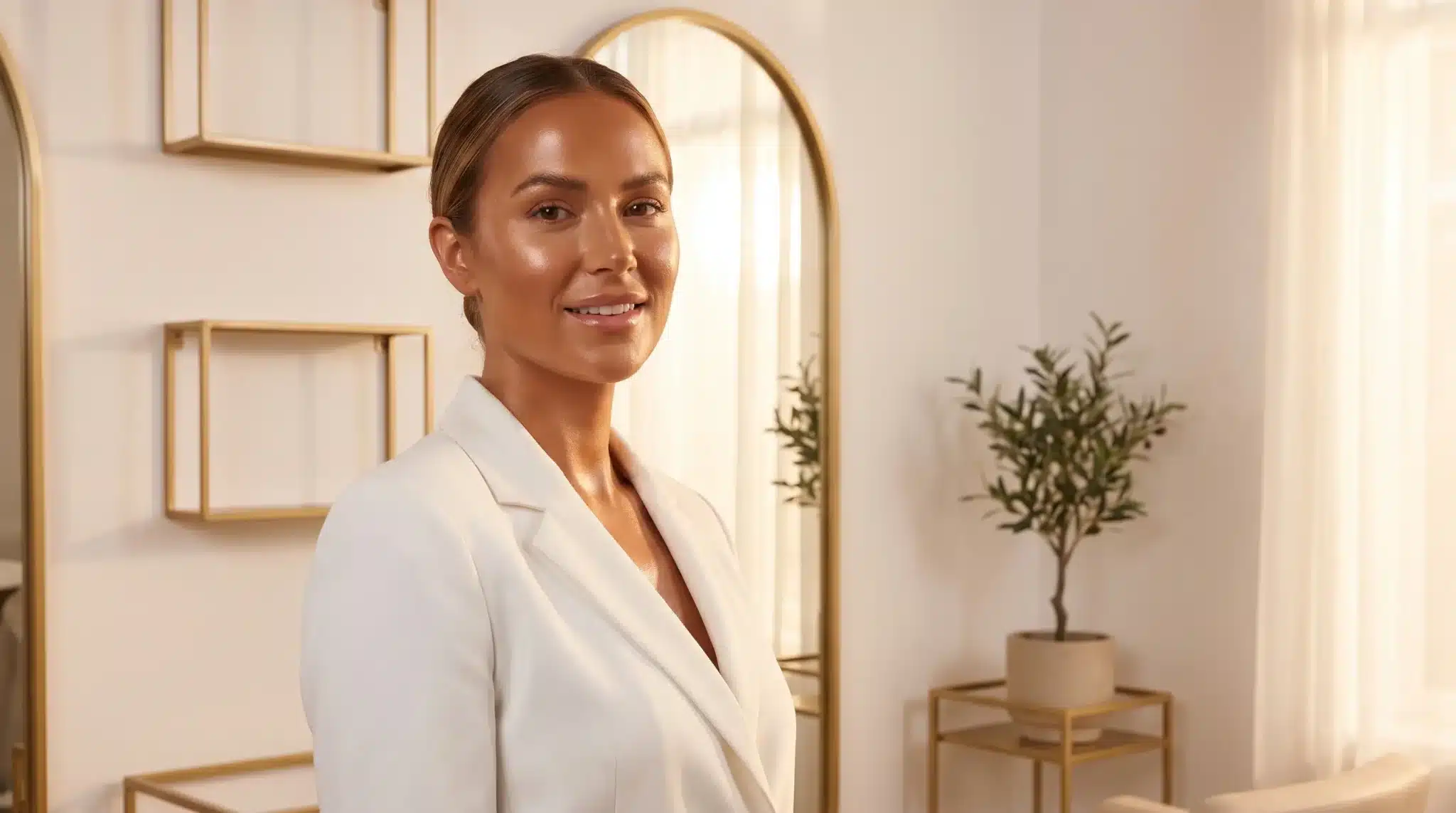Woman in white blazer smiling indoors with gold-framed mirror and potted plant in background
