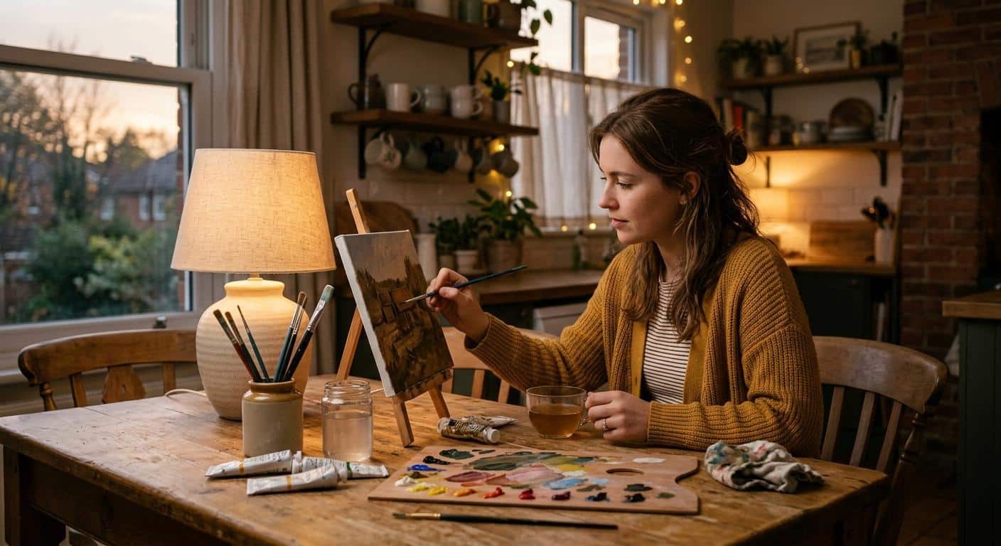 Woman painting on canvas at a cozy kitchen table in the evening