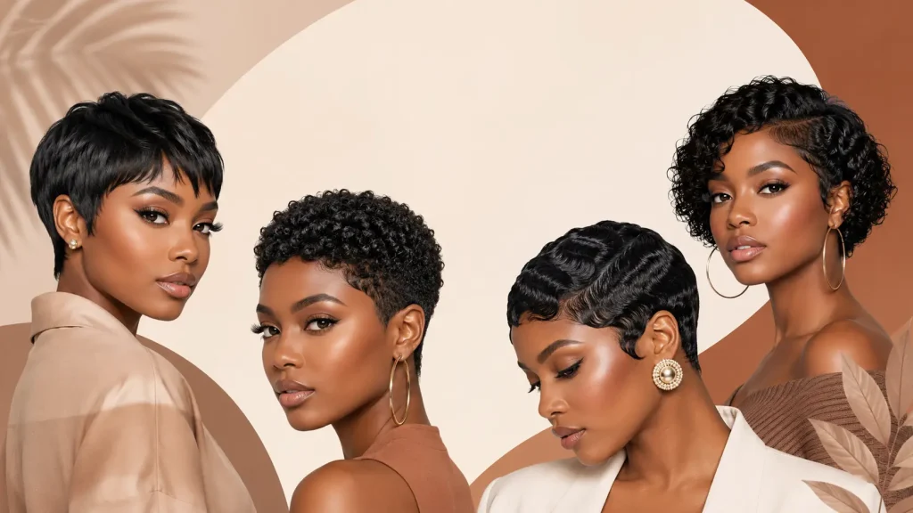 Four women with different short curly hairstyles against abstract background