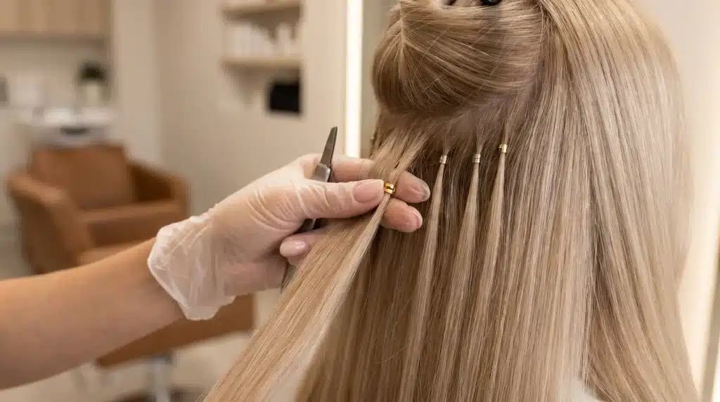 Attaching hair extensions to blonde hair in a modern salon setting