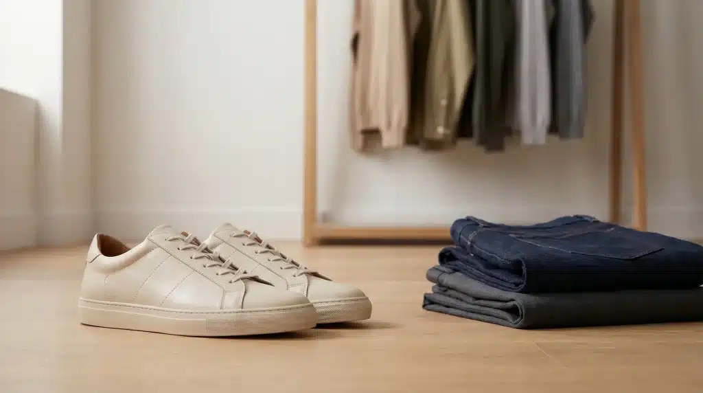 Beige sneakers and folded jeans on wooden floor in minimalist wardrobe setting