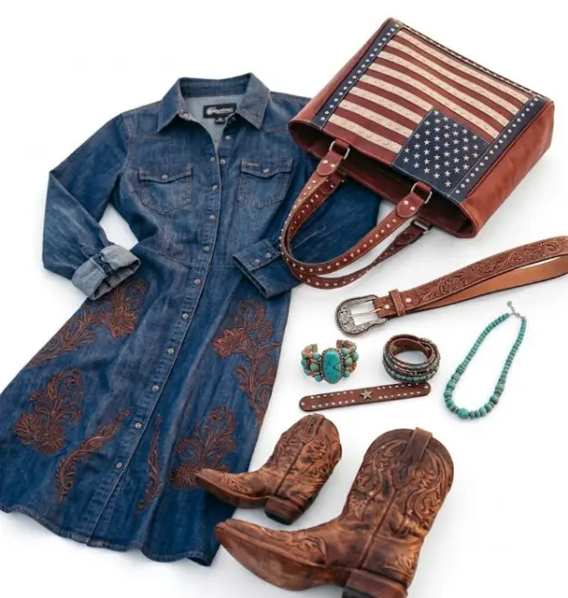 Denim dress with floral embroidery, cowboy boots, and beaded accessories arranged with American flag bag