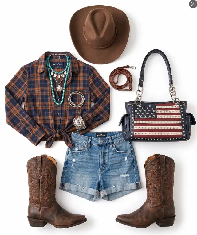 Casual western outfit with plaid shirt, denim shorts, cowboy boots, hat, and flag handbag
