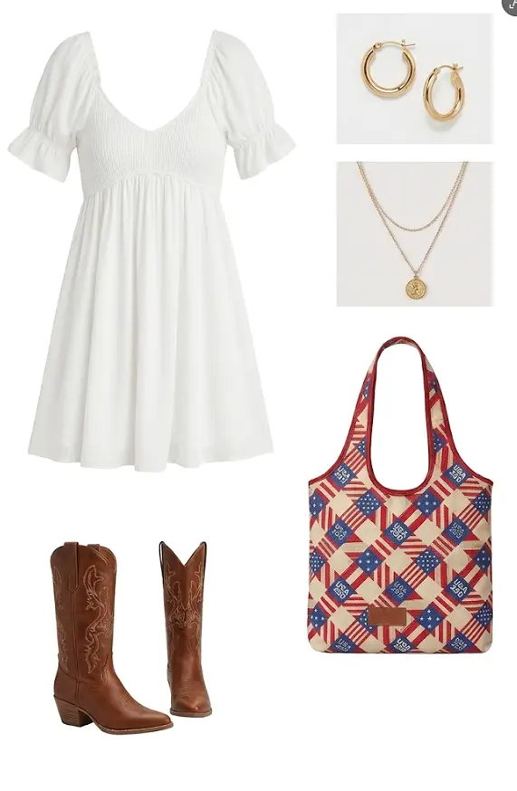 White summer dress with cowboy boots, gold jewelry, and a patterned tote bag on white background
