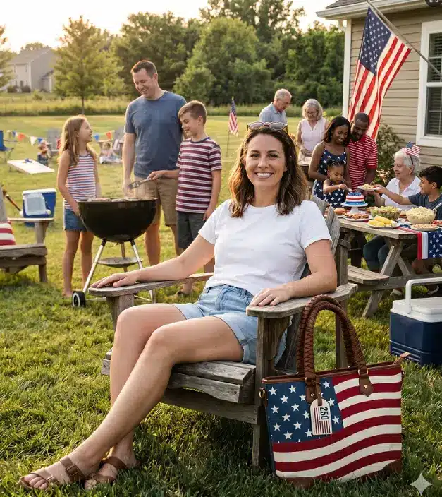 Woman sitting on wooden chair at backyard barbecue with American flag-themed decorations