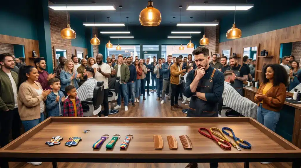 Barber pondering at a counter with grooming tools while a crowd applauds in a modern barbershop