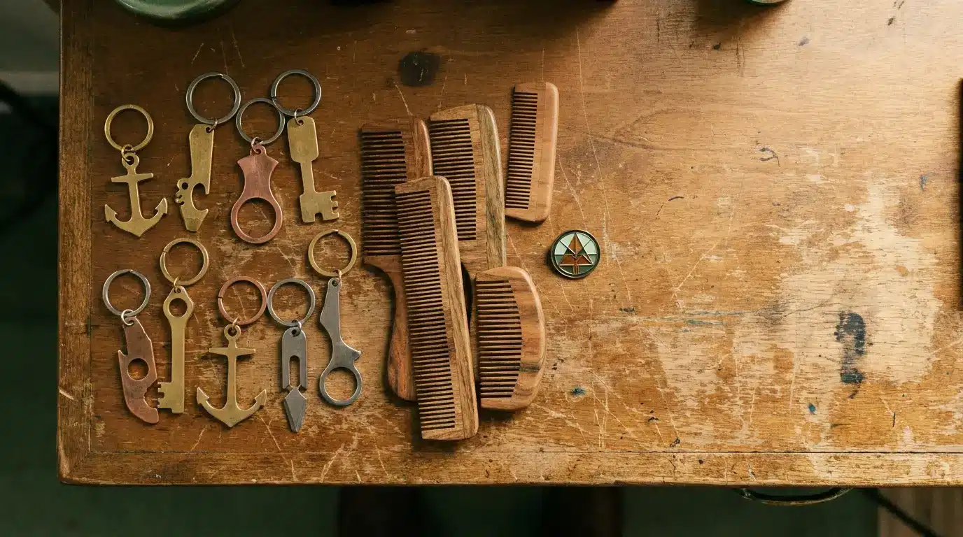 Key-shaped bottle openers and wooden combs arranged on rustic wooden table