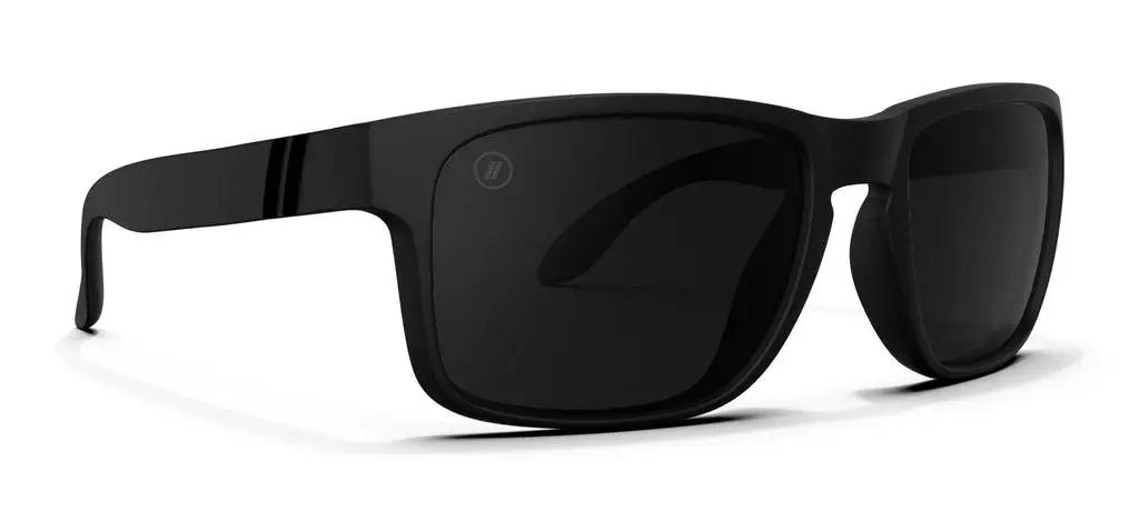 Black rectangular sunglasses with dark lenses on a white background