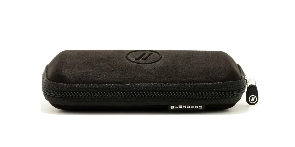 Black zippered sunglasses case with logo on a plain white background