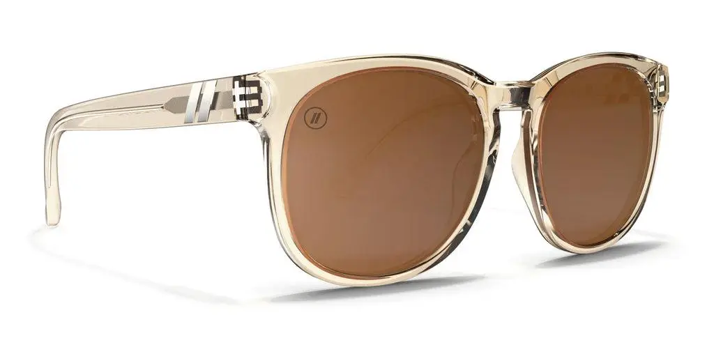Transparent beige sunglasses with round brown lenses and striped temple accents on white background