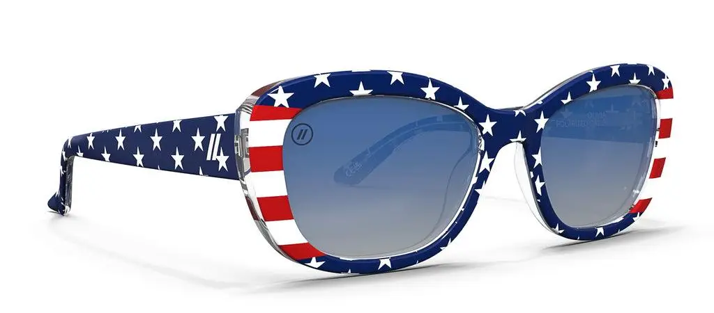 Patriotic star-spangled sunglasses with blue lenses on white background
