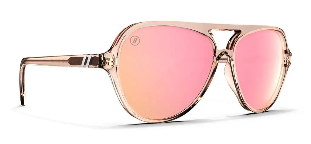 Rose-tinted aviator sunglasses with translucent frames on white background