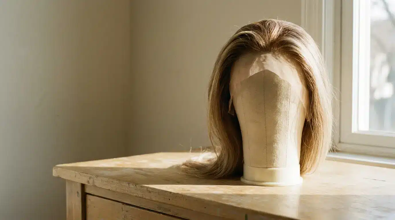 Mannequin head with blonde wig on wooden table by sunlit window