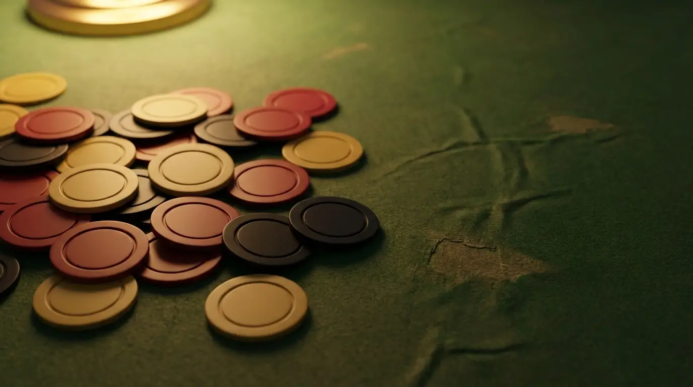 Poker chips in red, yellow, and black on green felt table under warm lighting