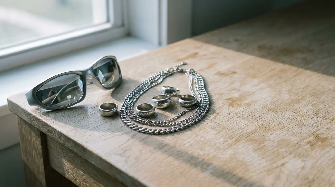Sunglasses, silver rings, and chain necklace on wooden table near window with daylight