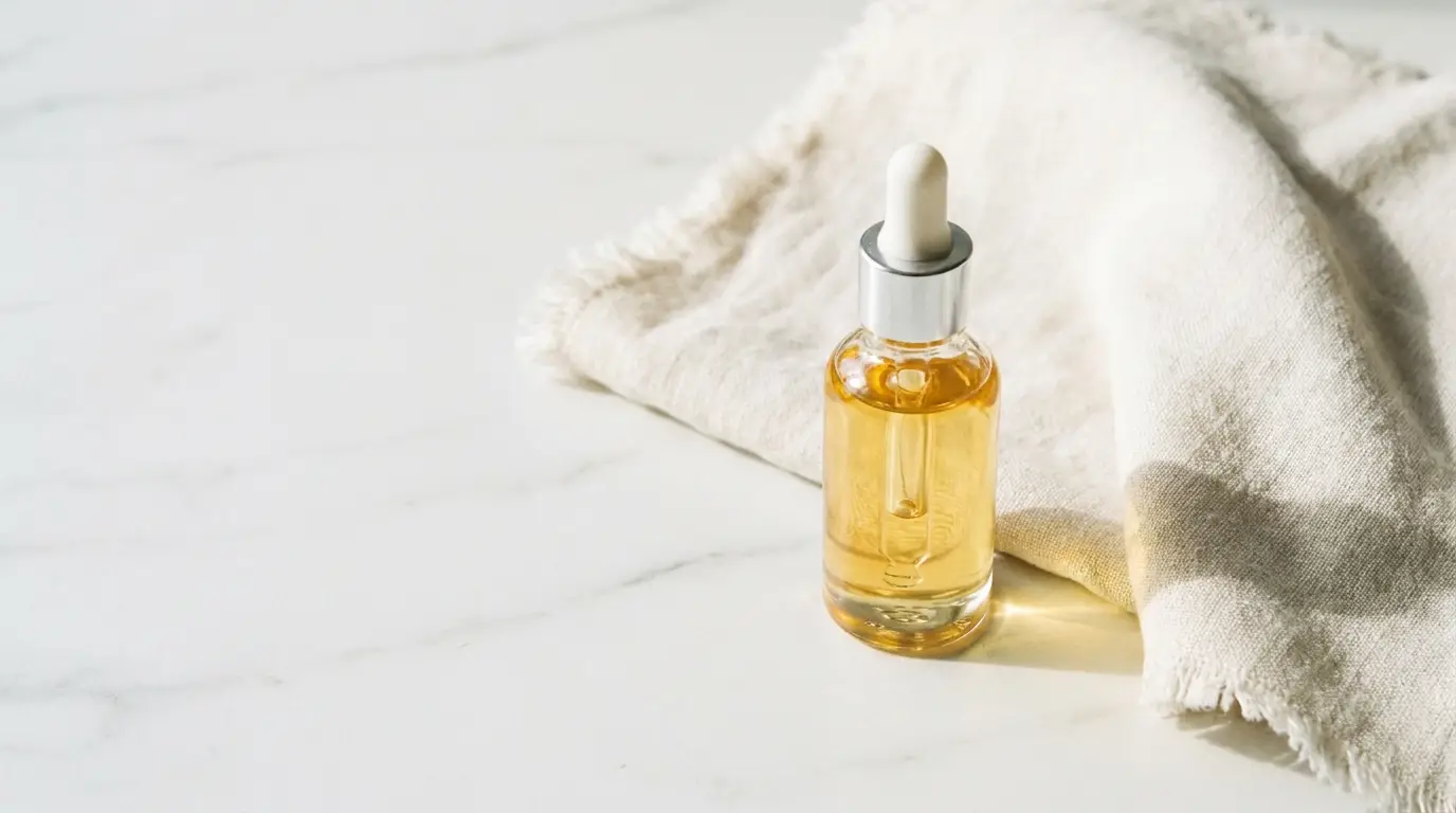 Dropper bottle with yellow liquid on white cloth in bright natural light