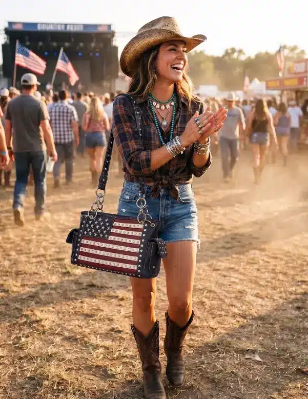 Woman in cowboy hat and denim shorts at outdoor country music festival carrying American flag purse