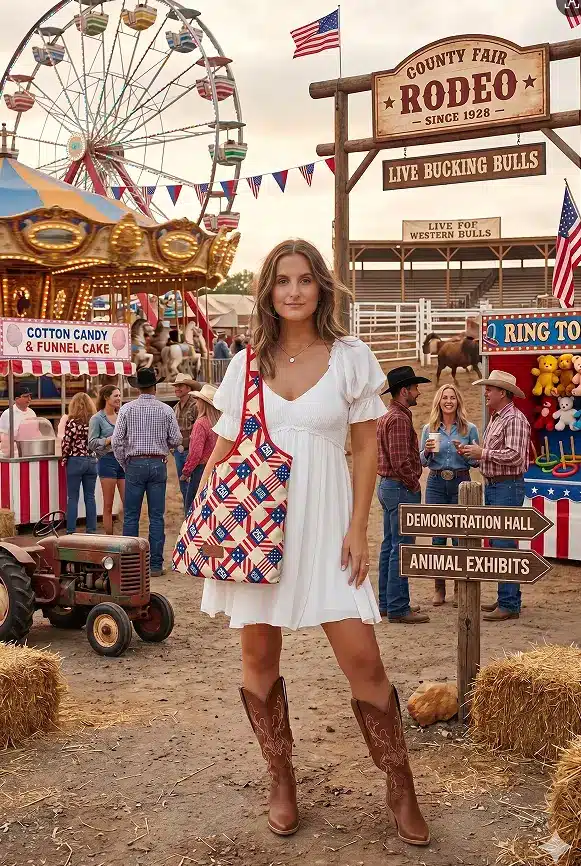 Woman in white dress and cowboy boots at lively county fair with Ferris wheel