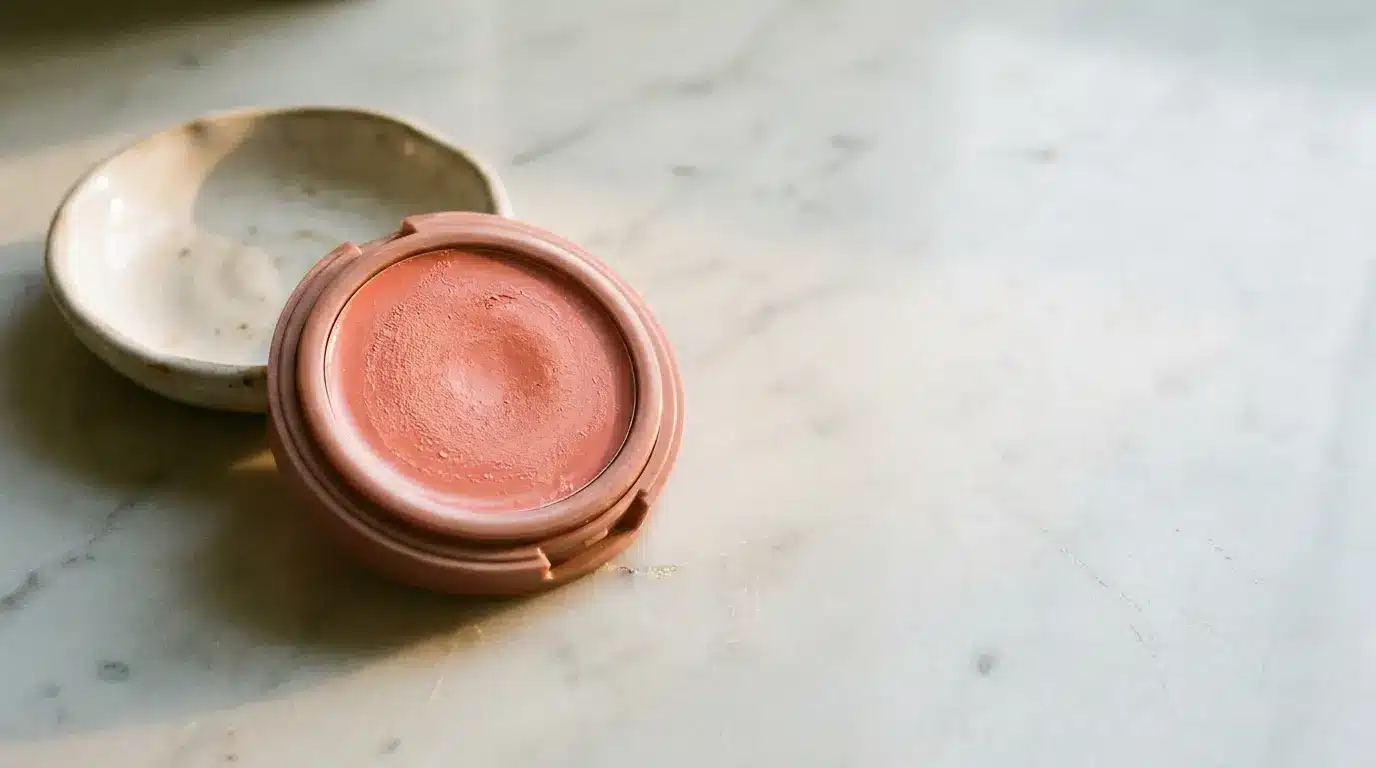 Peach-colored cream blush in open container on marble surface with soft lighting