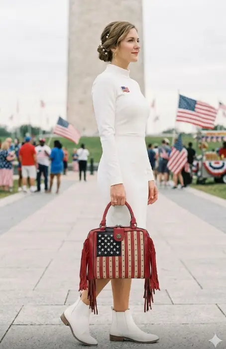 Woman in white dress holding American flag handbag near Washington Monument, surrounded by flags and people