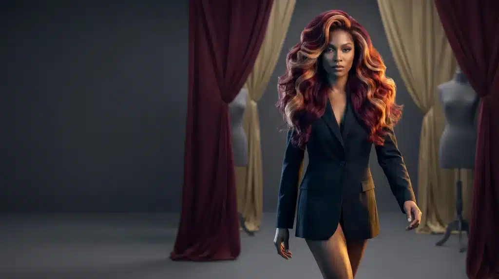 Model with voluminous red and blonde hair wearing black blazer against dramatic curtain backdrop