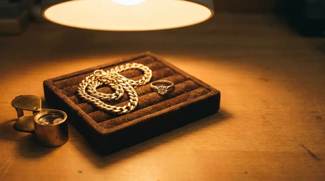 Gold chain and diamond ring on velvet tray under warm lighting on wooden table