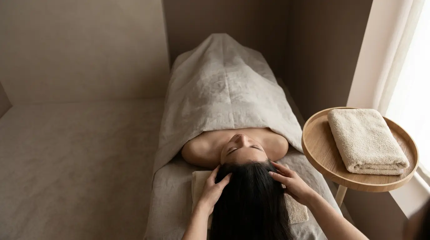 Person receiving a head massage on spa bed with beige linens in serene room setting