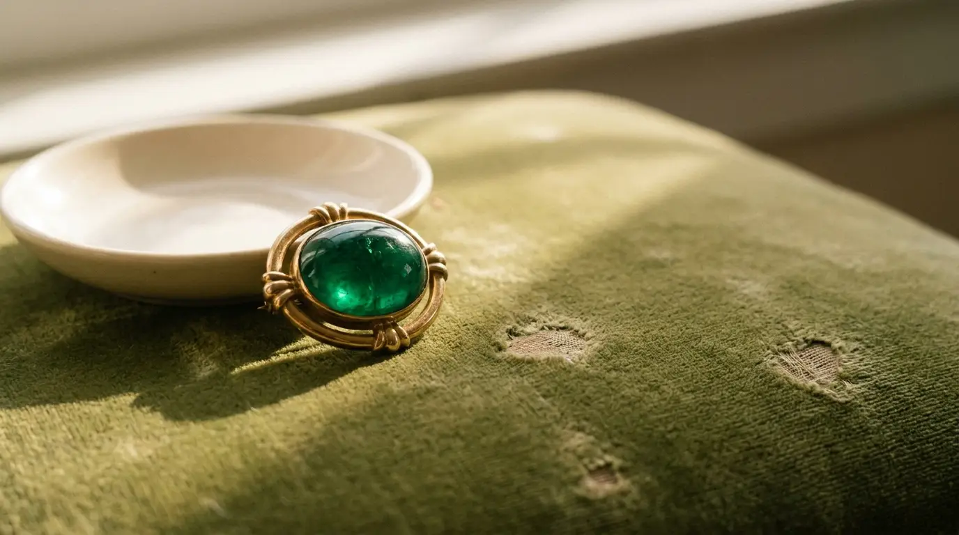 Green gemstone brooch on worn green fabric next to small dish in warm sunlight