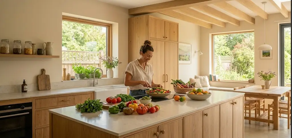Woman preparing salad in bright, modern kitchen with wooden cabinets and large windows