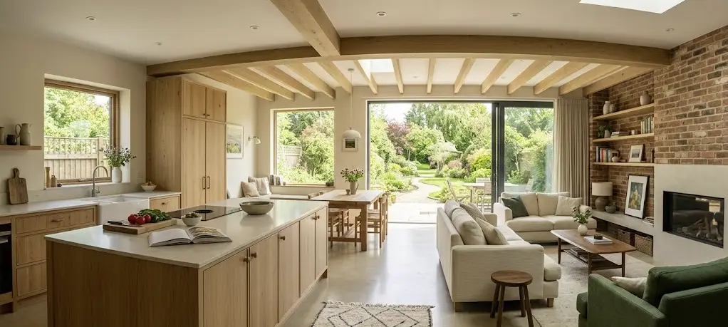 Open concept living and kitchen area with garden view, wooden beams, and cozy furnishings
