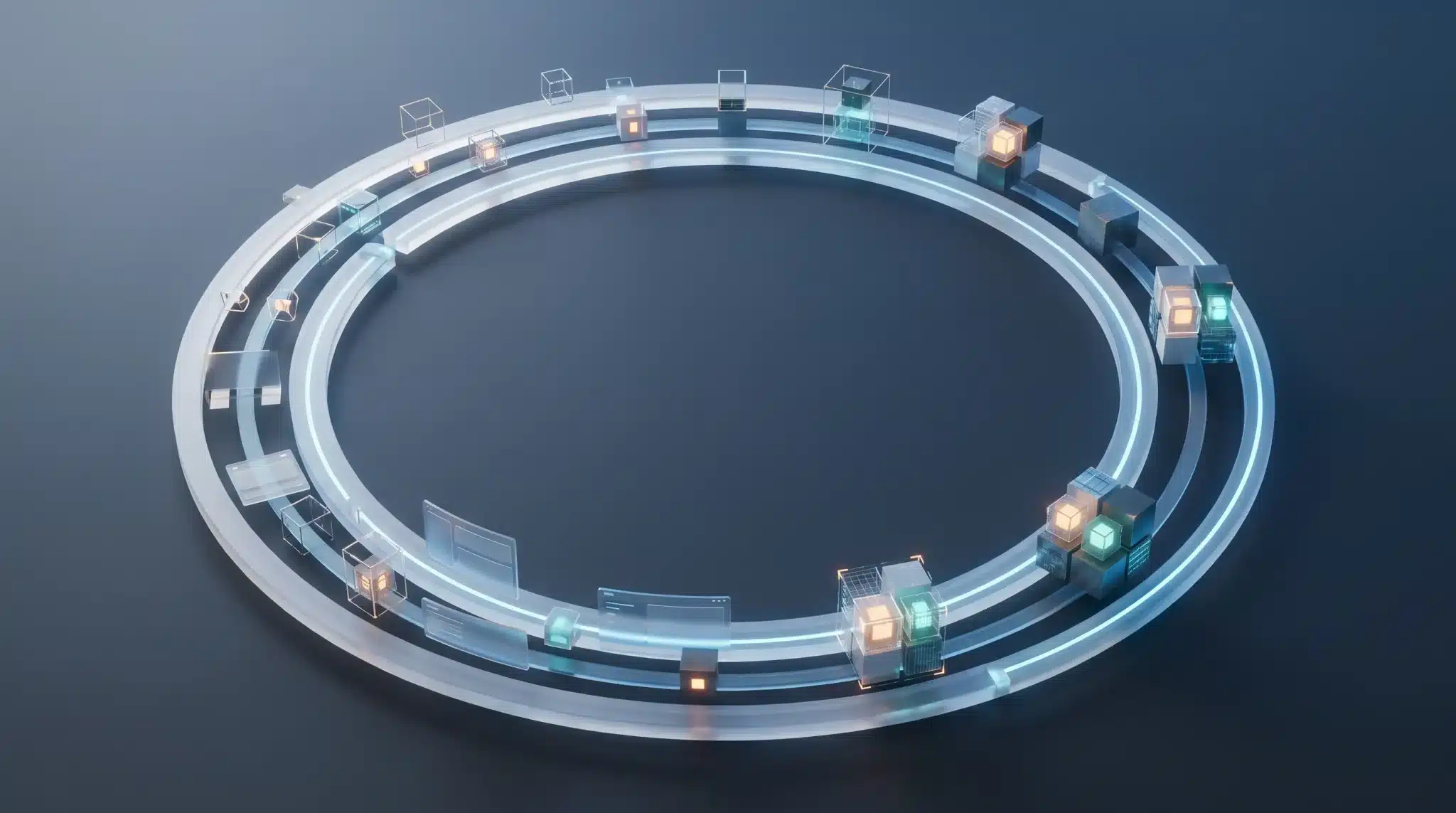 Glowing interconnected rings with colorful cubes on dark blue background