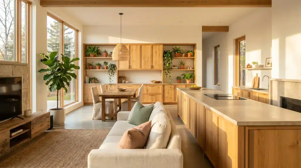Open-concept living room with wooden furniture and shelves adorned with potted plants in natural light