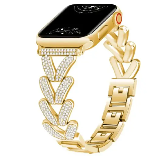 Luxurious gold smartwatch with diamond-encrusted bracelet and sleek design on white background