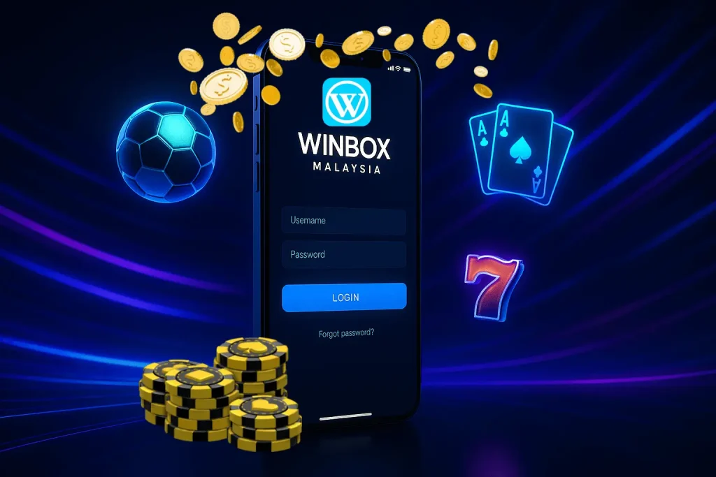 Smartphone displaying gaming app surrounded by coins, poker cards, soccer ball, and chips in neon setting