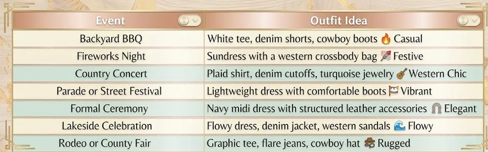 Event and outfit suggestion chart with casual and festival clothing ideas