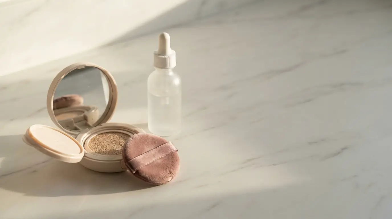 Cushion compact and dropper bottle on sunlit marble surface