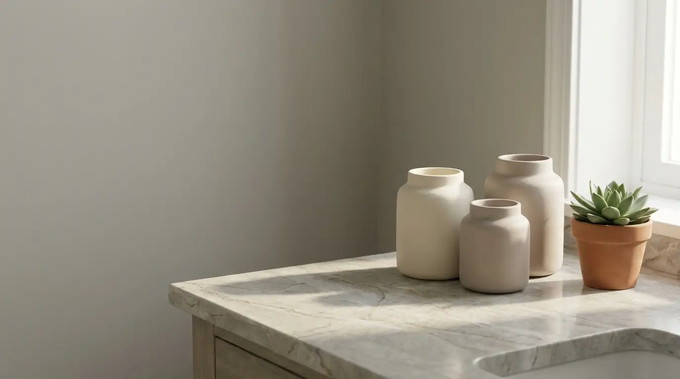 Minimalist ceramic vases and potted succulent on marble countertop in bright kitchen