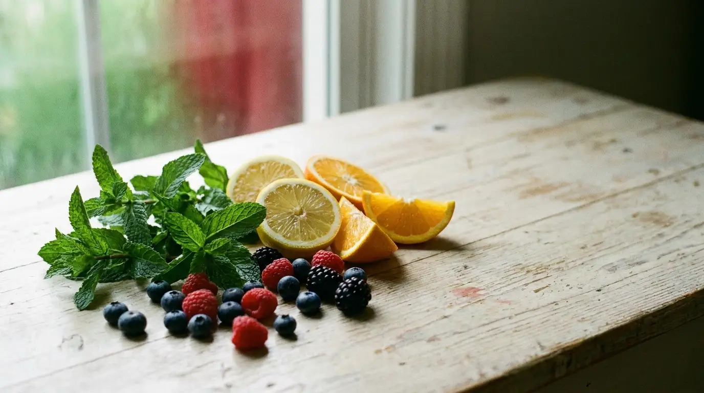 Slices of lemon and orange with mint and berries on rustic wooden table