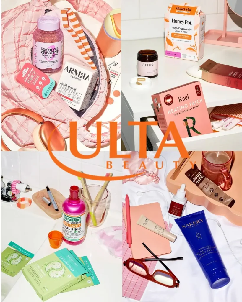 Assorted wellness and beauty products arranged on a colorful, modern vanity setup indoors