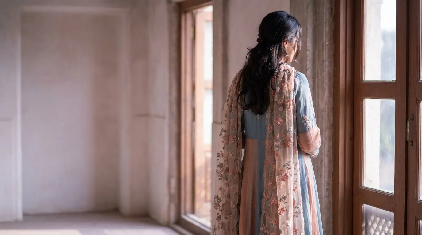 Woman in embroidered dress looking out window in softly lit room