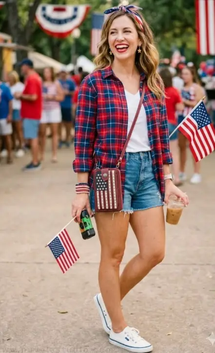 Woman in plaid shirt and denim shorts holding American flags at outdoor event