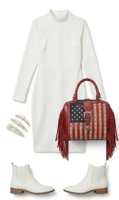 White long-sleeved dress with pearl hair clips and fringe handbag featuring American flag design