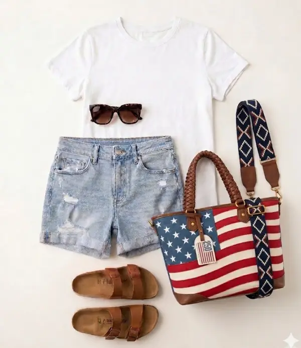 Casual summer outfit with white t-shirt, denim shorts, sandals, and American flag tote bag