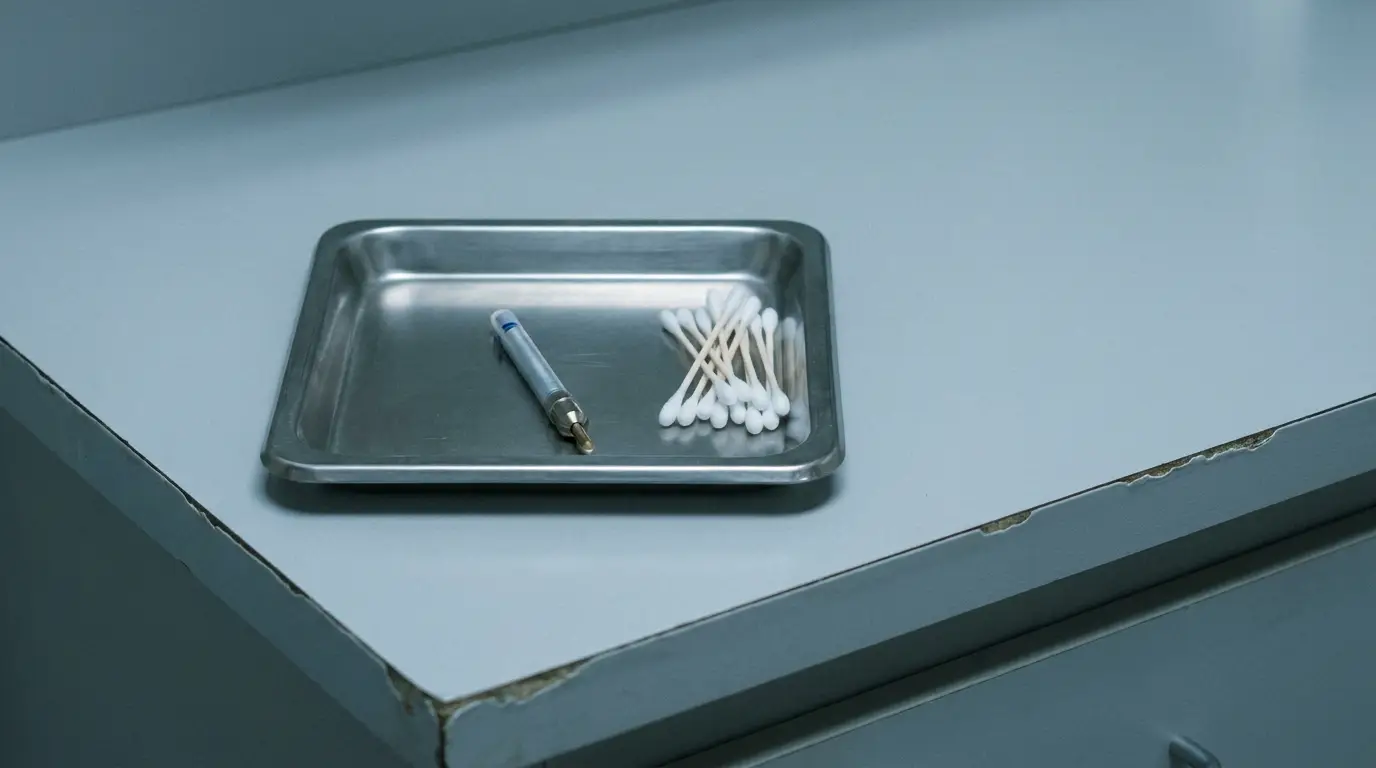 Metal tray with syringe and cotton swabs on clinical countertop in muted lighting
