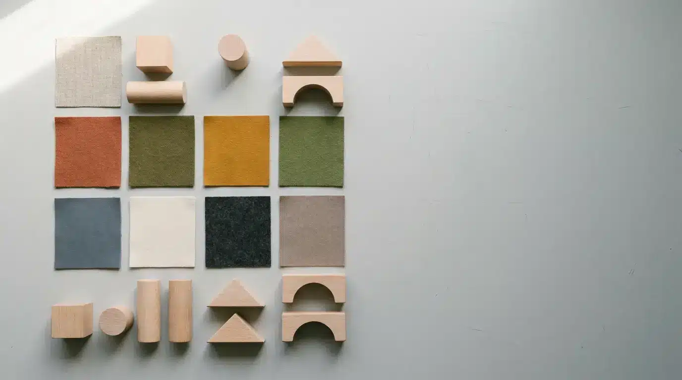 Fabric swatches and wooden geometric shapes arranged on a light gray surface