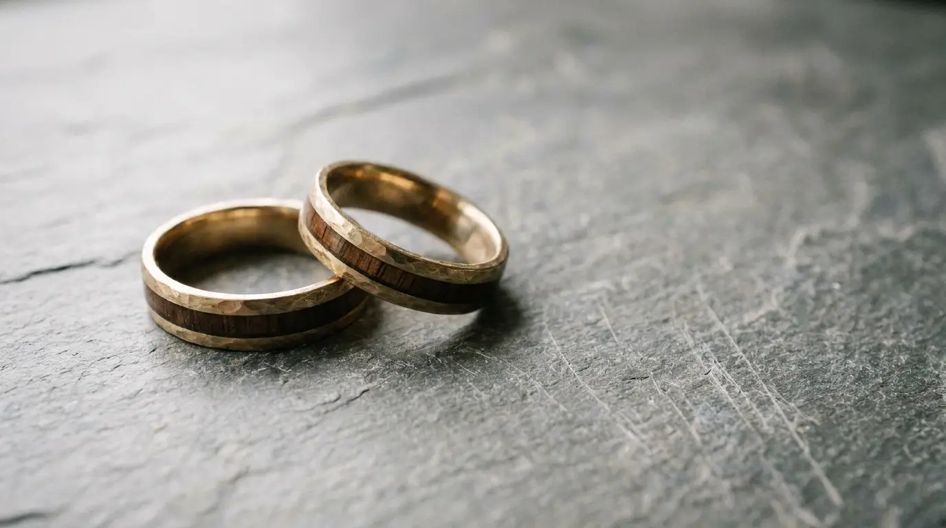 Two gold wedding bands with wood inlay on textured stone surface