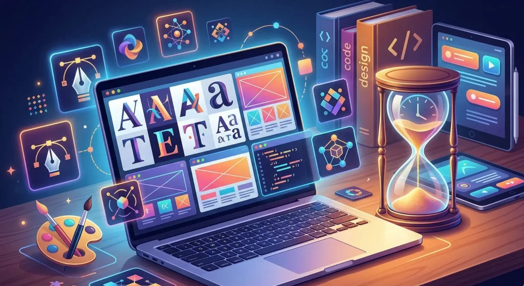 Laptop displaying typography software on a desk with digital tools and hourglass in colorful workspace