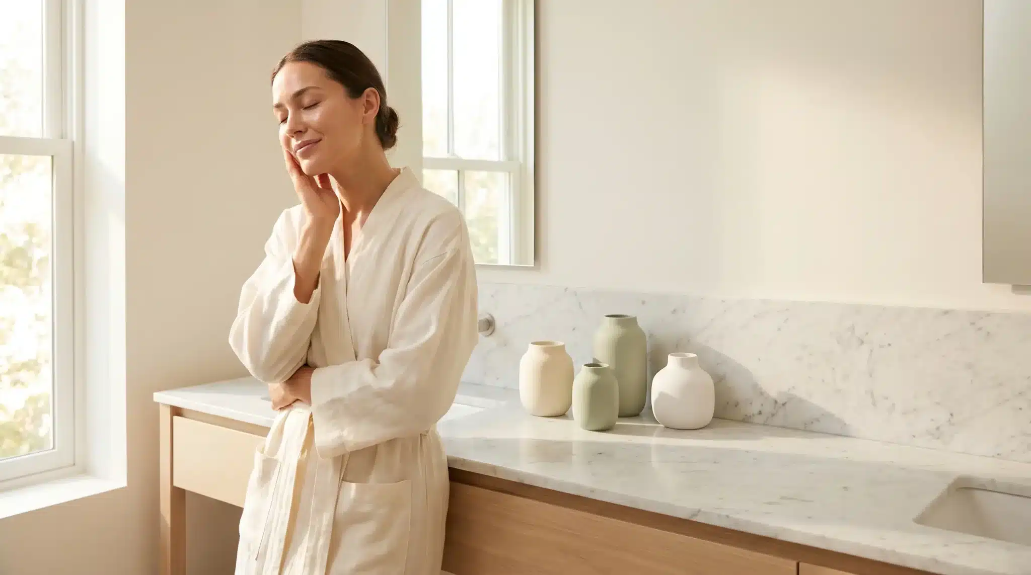 Woman in a light robe enjoying a peaceful moment in a bright bathroom with marble countertop