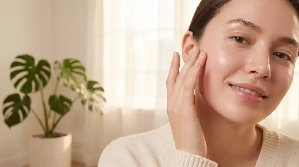 Person touching smooth skin on face, standing in bright room with large potted plant