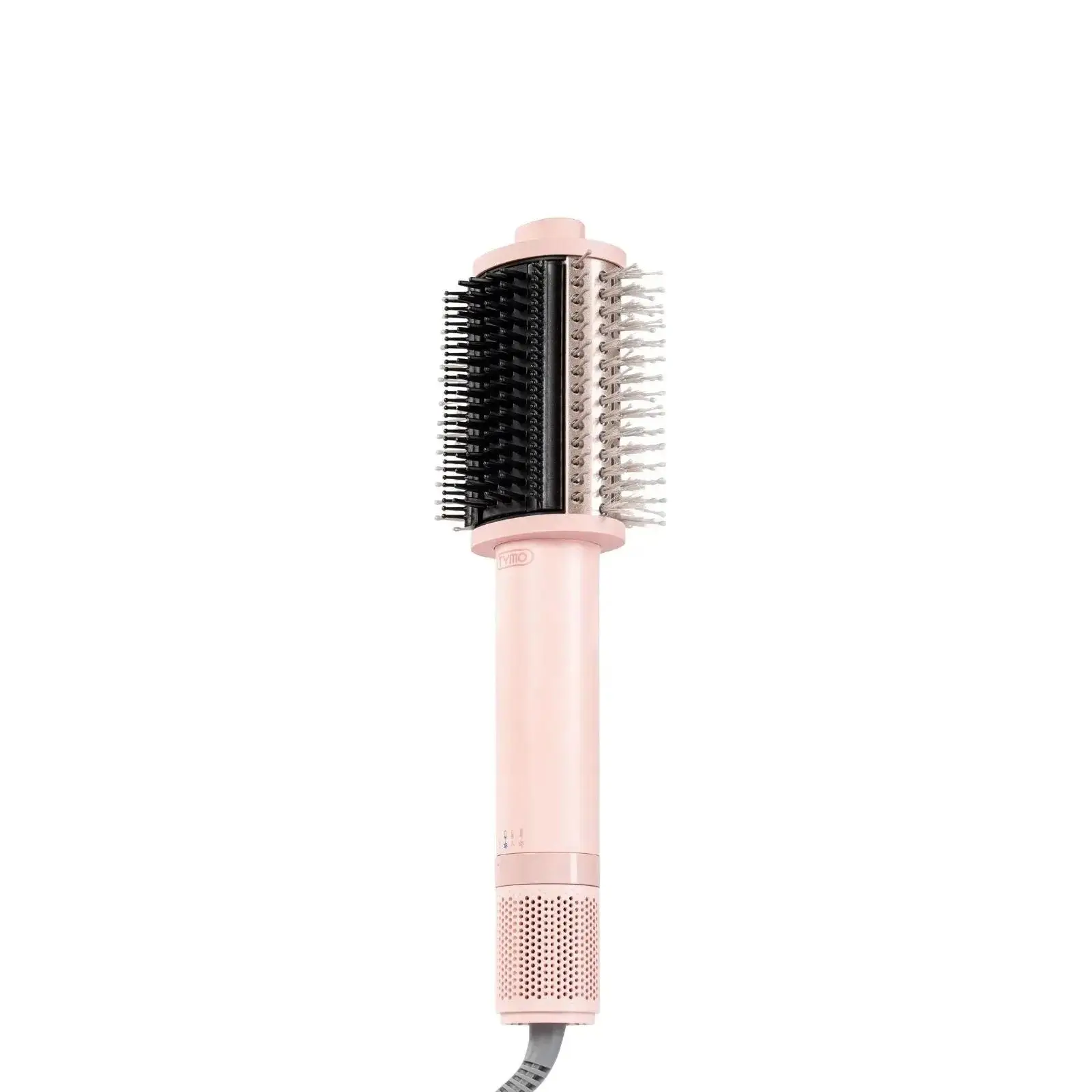 Pink hair styling tool with a dual-sided brush barrel on a white background